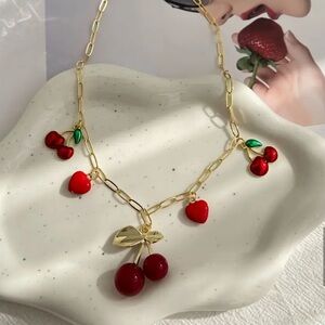 Gold and Red Cherry and Heart Charm Necklace